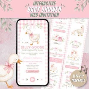 A Little Silly Goose Baby Shower Web Invitation RSVP Canva Template Girls Pink Gingham Baby Shower Invite Digital Download - GOO02