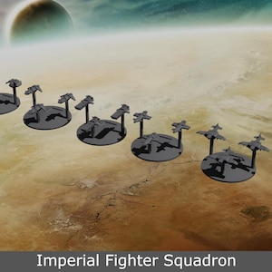 May include: A collection of miniature gray Imperial Fighter Squadron models, each mounted on a circular base. The models are arranged in a row against a backdrop of a planet and a distant moon. The text "Imperial Fighter Squadron" is at the bottom.