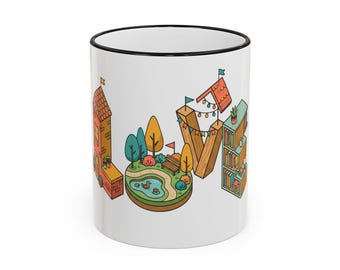 Whimsical Village Illustration Mug | Accent Rim & Handle