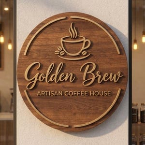 May include: A round wooden sign with the words "Golden Brew" in gold script. The sign also features a coffee cup graphic and the text "Artisan Coffee House" in a smaller font. The sign is brown with gold accents.