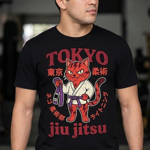 Camiseta retro de Jiu Jitsu de Tokio con gato - Camiseta de BJJ de estilo japonés feroz - Regalo vintage de artes marciales para hombres y mujeres - Camiseta con gráfico Katakana