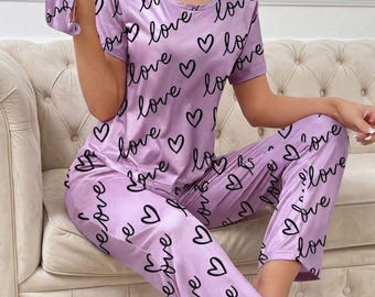 Women Love Print Pajama Set Short Sleeve, Casual Summer Lounge Sleepwear, Comfortable Homewear Set