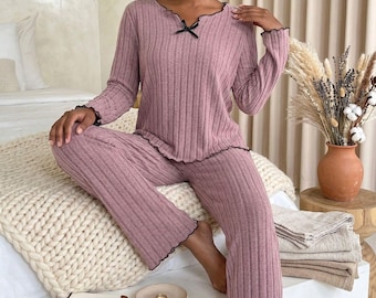 Geribbelde damespyjama met lange mouw, herfst/winterloungeset, zachte 2-delige nachtkleding homewear