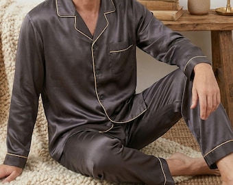 Men Satin Pajama Set Long Sleeve, Silk Sleepwear Winter Lounge Set, Button Down Nightwear Homewear