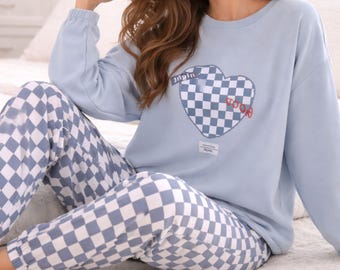 Blue Plaid Pajama Set Women Long Sleeve, Loose Fit Lounge Set, Casual Wear Sleepwear Top Pants