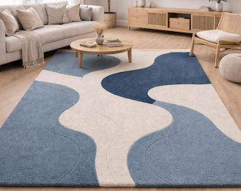 Nordic Style Wave Pattern Rug – Plush Blue, Slate, and Ivory Textured Floor Decor