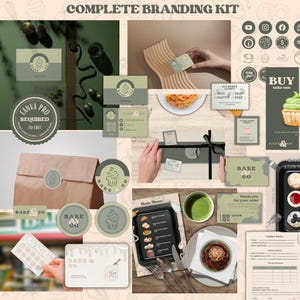 May include: A complete branding kit for a bakery, featuring business cards, stickers, and packaging. The design includes a cupcake logo in shades of green and beige, with the text "BAKE & CO". The kit also includes social media icons and order forms.
