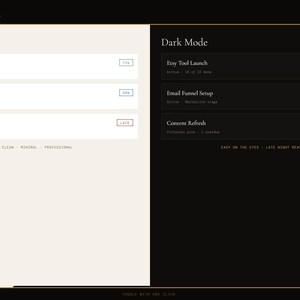 May include: A digital interface design demonstrating light and dark modes. The light mode has a cream background with white boxes, while the dark mode has a black background. Text includes "Etsy Tool Launch," "Email Funnel Setup," and "Content Refresh."