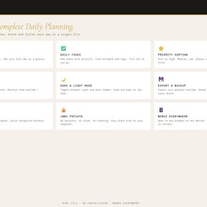 May include: A website interface with a cream background and dark gold header. The text reads "One Tool. Complete Daily Planning." with sections for time blocking, daily tasks, priority sorting, and more. The design is clean and organized.