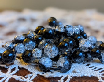 Vintage  Glass Beaded Necklace Black with Silver Foil Knotted Necklace
