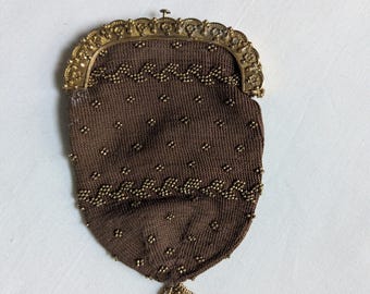 Antique Brown Micro Bead Chatelaine Purse Coin Purse