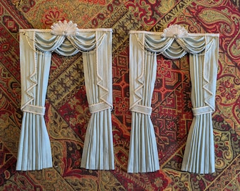 Dolls House Curtain Set of Two Mint Green and  Gold and White Swags