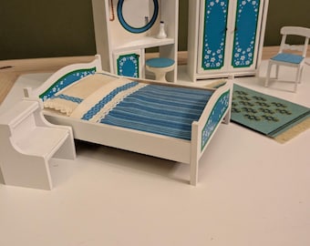 Lundby Dollhouse Bedroom Furniture Blue Heaven Bedroom suite 1970