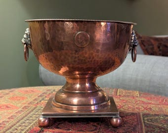 Arts and Crafts Hammered Copper Bowl  on Ball Feet and Coin Decoration