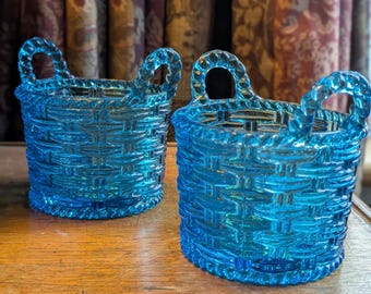 Victorian Sowerby Pressed Blue Glass Baskets Pair of Glass Baskets Turquoise Glass