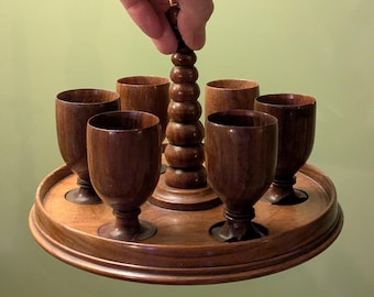 Antique Treen Egg Cup Stand with Treen  Egg Cups