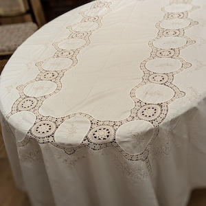 Large Vintage Cotton, Embroidered and Crochet Tablecloth and Napkins