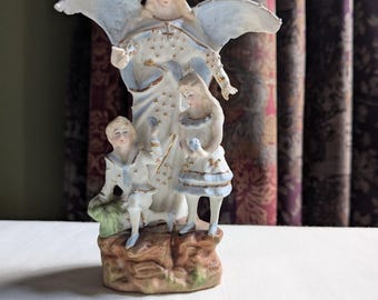 Antique Bisque Guardian Angel Protecting  Children Religious Collectable Ornament