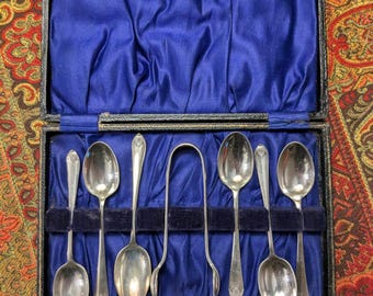 EPNS Tea Spoon and Sugar Tong Set Boxed 1920's Vintage Tea Time
