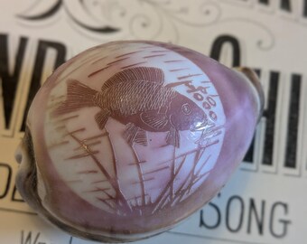 Beautiful Carved Cowrie Shell,  Fish Carving.