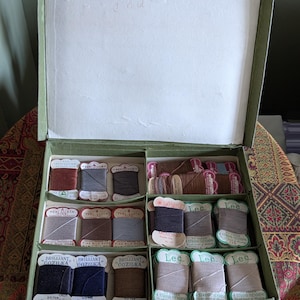 Puede incluir: Una caja de costura verde vintage abierta, llena de carretes de hilo de varios colores. La caja está dividida en compartimentos, cada uno con carretes etiquetados con nombres de marcas como "Perl Lusta" y "Cozilka". Los colores del hilo varían del azul oscuro al beige claro.