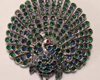 Vintage Peacock Brooch Paste Brooch Blue and Green