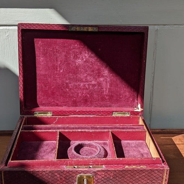 Antique Gentleman's Fob Watch Box Jewellery Box Gentleman's Dressing Box Burgundy Velvet Lining with Key