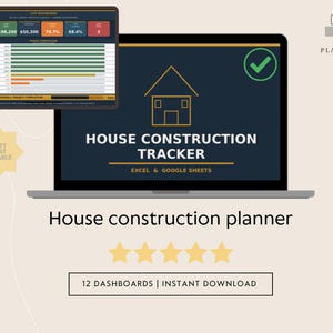 Könnte beinhalten: Ein Laptop zeigt einen Hausbau-Tracker mit Gantt-Diagramm und Finanzdaten. Der Bildschirm zeigt "House Construction Tracker" und "Excel & Google Sheets." Das Bild enthält den Text "12 Dashboards | Instant Download."
