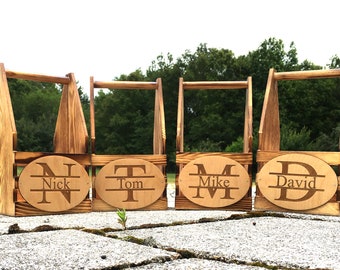 Monogrammed Minature 4 Beers Rustic Wooden Beer Tote Wood Beer Caddy Groomsmen Gifts for Him Housewarming Gift -Ships in 1-2 Bus. Days