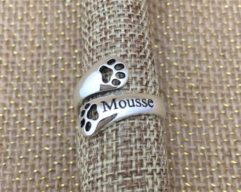 Sterling Silver Polished Customized Personalize Adjustable Dog Paw Dog Lover Ring Dog Memorial Ring - Ships in 1-3 Business Days