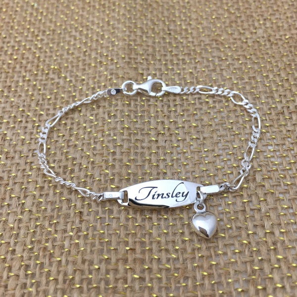 Sterling Silver Dangle Heart Child Toddler ID Engravable Monogrammed Name Plate Bracelet Baptism Gift Christening Gift Ships in 1 Day