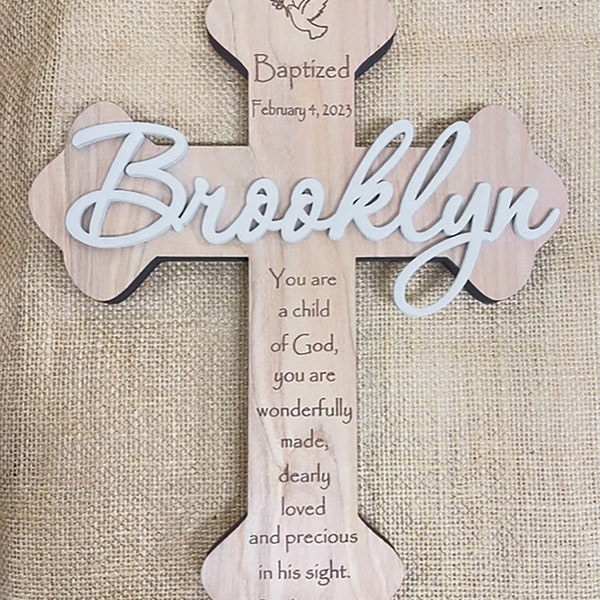 Wood Baptism Cross Personalized Custom Made Baptized First Communion Christening Dedication Gift