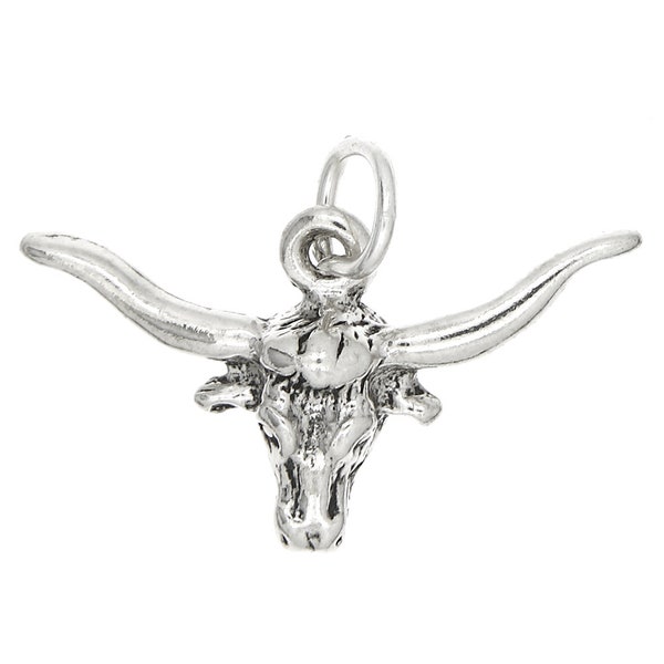 Sterling Silver Long Horn Bull Charm (Flat Back Charm)