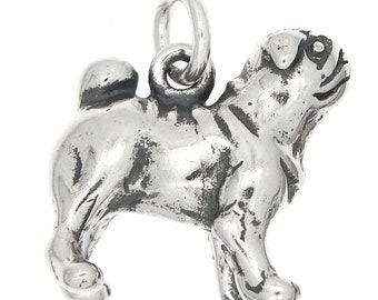 Chinese Pug Dog Sterling Silver Oxidized 3D Charm  -with Options