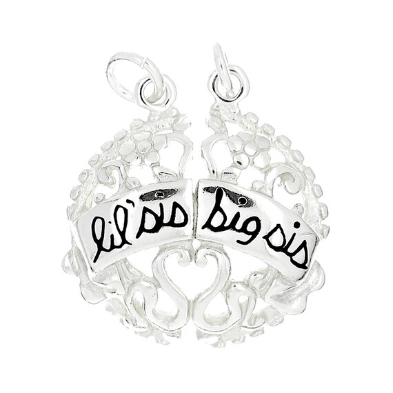 Lil Sis and Big Sis Break Apart Charm Sterling Silver Filigree Lil Sis and Big Sis Break Apart Charm Sterling Silver Filigree