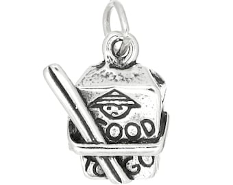 Chinese Take-Out To Go Box W/Chopsticks Sterling Silver Charm (hollow bottom Charm)