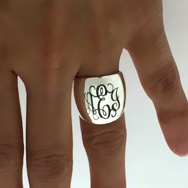 Personalized Sterling Silver Monogramed Engraved Band Flat Modern Style Dome Ring Statement Ring- Ships in 1-3 Business Days
