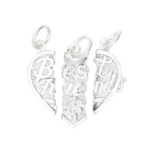 May include: Three silver charms that form a broken heart with the words "Best Friends" inscribed on them.