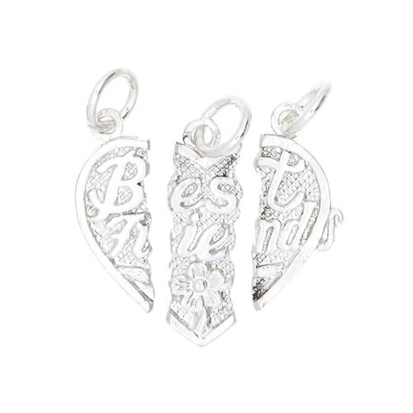 Sterling Silver Sharable 3 Way Split Best Friends Heart Flowers Charm (Flat Charm)