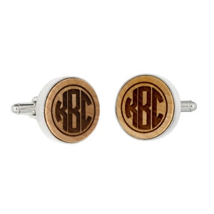 Monogrammed Personalized Round Shape Wood Cufflinks 5 Year Wood Anniversary Gift - Ships in 1-3 Business Days