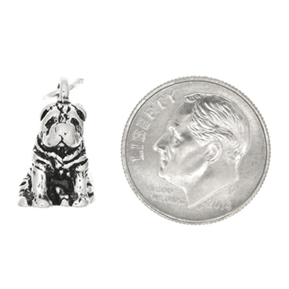 Sterling Silver Oxidized Three Dimensional Shar Pei Dog Charm with