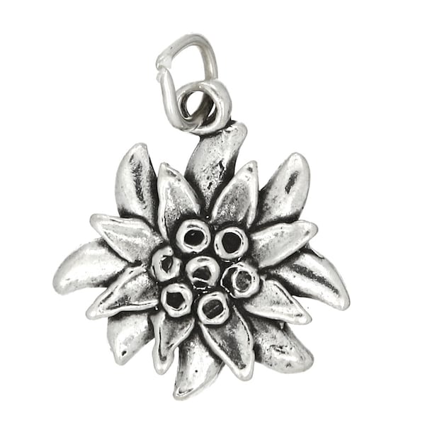 Sterling Silver Legendary Edelweiss Flower Charm Pendant (One Sided Charm) -with Options