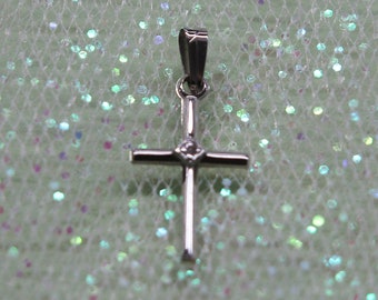 Vintage 14kt White Gold Tiny Baptism Cross with Tiny Diamond Charm or Pendant