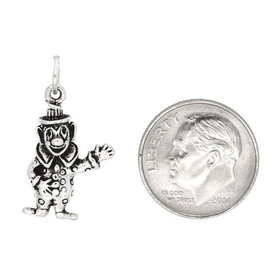 Sterling Silver Oxidized Three Dimensional Waving Clown Charm Pendant with Polished Box Chain Necklace