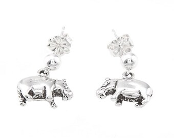 Sterling Silver Detailed Hippo Hippopotamus Dangle Earrings with Silver Ball Post