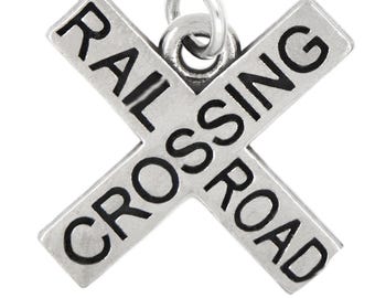 Railroad Crossing Sign LGU® Sterling Silver Oxidized Charm (With Options)