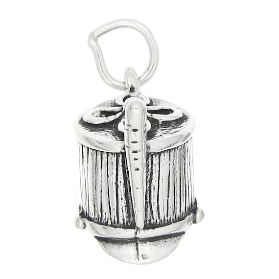 Marching Band Drum with Strap Charm Sterling Silver 3D Antiqued Finish Marching Band Drum with Strap Charm Sterling Silver 3D Antiqued Finish