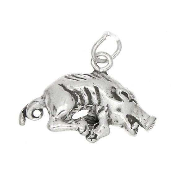 Sterling Silver Oxidized Three Dimensional Running Razorback Boar Hog Charm  (with Options)