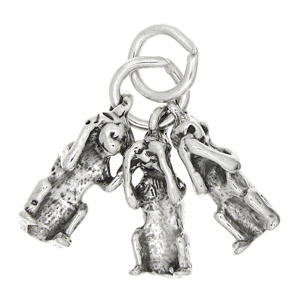 Sterling Silver Three Monkeys Hear, See, and Speak No Evil Charm Pendant (3D Charm)