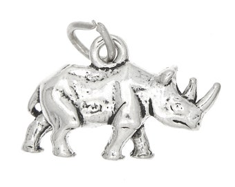 Large Rhinoceros Rhino Sterling Silver Charm Pendant (3D Charm) -with Options